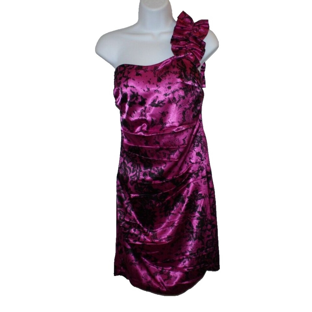 Ruby Rox Dress Womens 3 Magenta One Shoulder 80's Satin Ruched Stretch Y2K Dance